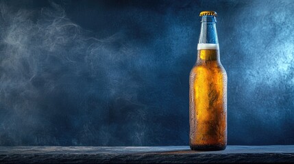 Beer bottle with condensation on wooden table against smoky blue background Copy Space