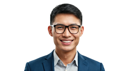 Portrait of a handsome, smiling wearing glasses Asian businessman isolated on transparent background, cut out, cropping up to the waist portrait