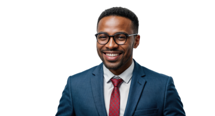 Portrait of a handsome, smiling wearing glasses African businessman isolated on transparent background, cut out, cropping up to the waist portrait