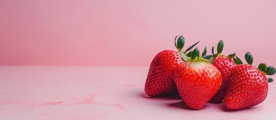 Fresh ripe strawberries on a pink background with copy space for text.