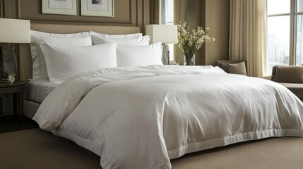 Cozy bedroom with white duvet and sheets on double bed complemented by elegant decor and soft natural light