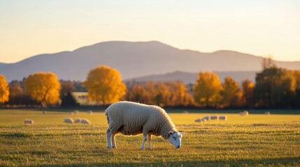 Fototapeta premium Lone White Sheep Grazing in Golden Meadow with Mountains and Autumn Trees in Background at Sunset