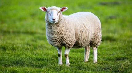 White Sheep Grazing on Lush Green Grass with Scenic Mountain Landscape and Autumn Foliage in Background