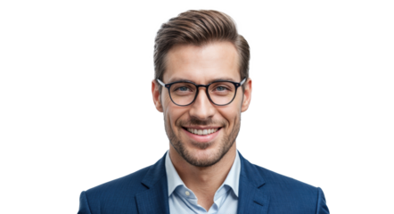 Portrait of a handsome, smiling wearing glasses businessman isolated on transparent background, cut out, cropping up to the waist portrait