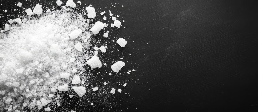 White Sea Salt Granules Burst on Dark Charcoal Background with Ample Space for Textual Overlay and Visual Emphasis on Texture