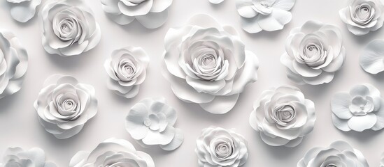 Vintage white roses in varying sizes on a soft light pink textured wall background, ideal for mockups and showcasing with ample blank space for text.