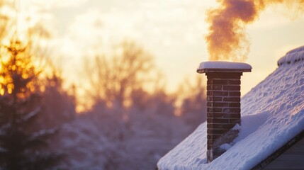 Chimney with smoke against a winter sunset sky with snow-covered roof and trees in background Copy Space
