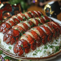 Gourmet Lobster Tail Feast with Steamed White Rice and Garnished Parsley - Delicious Seafood Platter for Special Occasions and Festive Dinner Parties
