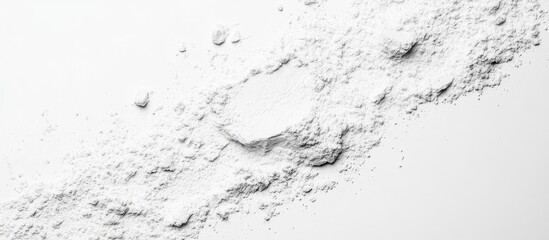 Fine white powder texture on bright white background with ample empty space for creative text and graphic overlay, ideal for minimalist design.