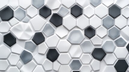 Naklejka premium Luxury Ceramic Mosaic Tiles in White Gray and Black Hexagonal Geometric Design for Kitchen Interior Wall Background with Textured Surface