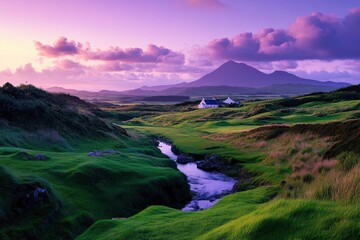 Serene Sunset Landscape Peaceful Cottage Irish Mountain Stream