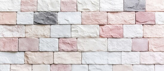 Panorama of textured white gray pink and beige brick wall background with ample empty space for text in a contemporary setting