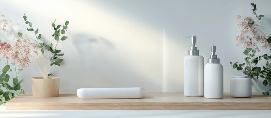 Elegant white wooden display stand featuring minimalistic skincare products in sleek white bottles, surrounded by soft pastel floral arrangements and a serene light backdrop.