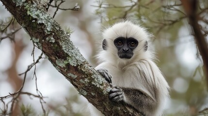 Obraz premium Monk perched on a mossy tree branch, featuring white fur and black facial markings, set against a blurred forest background.