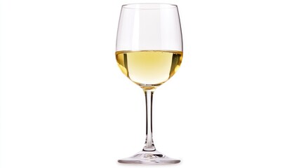 Elegant white wine glass on a pristine white background showcasing the clarity and color of the wine, perfect for dining and celebration themes.