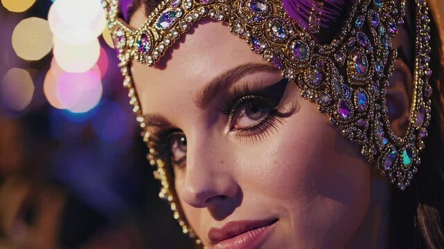 Beautiful Woman Wearing a Mardi Gras Headpiece, Highlighting Beautiful Smile, Vibrant Colors and Festive Glow. Mardi Gras Parade.