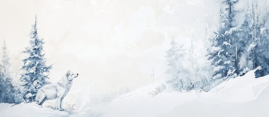 Majestic white wolf standing in a serene snowy landscape with evergreen trees in soft shades of blue and white, ideal for text overlay.