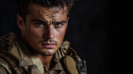Obraz premium Intense Close-up Portrait of a Handsome Soldier with Chiseled Features and Rugged Expression in Military Gear Against Dark Background