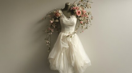 Elegant white wedding dress displayed on a boutique mannequin decorated with soft pink and cream flowers against a neutral background