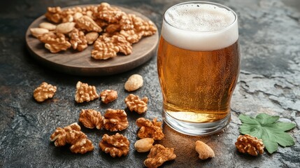 Fototapeta premium Rustic wooden platter with walnuts and almonds beside a frosty beer glass on dark stone surface showcasing earthy tones and snack elements.
