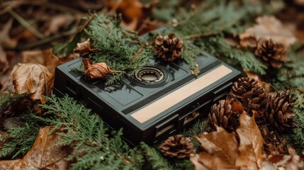 A nostalgic vintage cassette tape nestled among leaves and pinecones evokes a sense of autumn, illustrating the blending of music history with nature's beauty in an artistic arrangement.