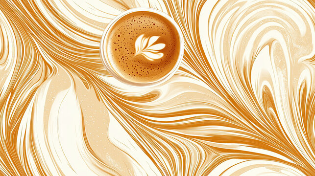 Cup of latte with elegant coffee art on swirling abstract background