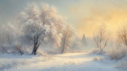 Serene winter landscape featuring trees adorned with hoarfrost under a soft golden light in a tranquil snowy setting.