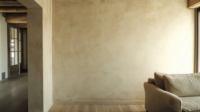 Elegant two-tone plaster finished wall in a bright, spacious interior with natural light highlighting warm beige tones, soft furniture, and wooden accents.