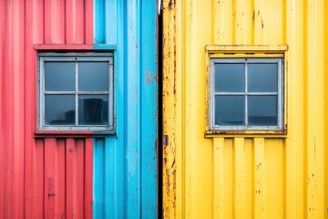 Fototapeta premium Colorful Container Windows Red, Blue, Yellow Metal Building