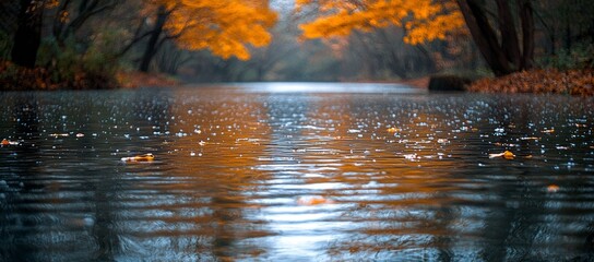 Obraz premium Rainy autumn day, canal, orange leaves, blurred background. Peaceful mood, nature scene