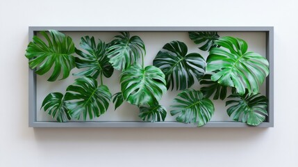 Elegant empty gray wall-mounted frame adorned with lush green monstera leaves against a soft white background, enhancing modern interior decor.