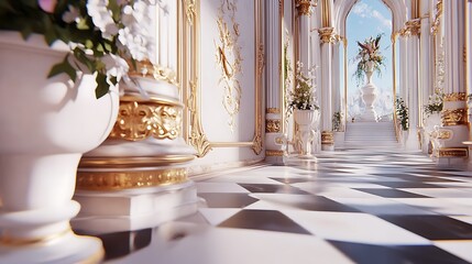 Elegant White Hallway With Gold Accents and Flowers