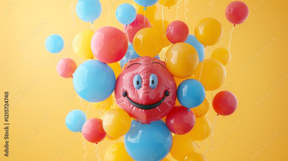 Wall mural 3d rendering of a red smiling balloon surrounded by a bunch of variously-colored balloons on a yello