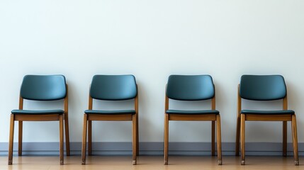 Obraz premium Modern Medical Clinic Waiting Room with Minimalist Design, Four Green Chairs on Light Gray Wooden Floor Against Soft Beige Wall