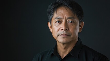 Obraz premium Confident Asian man in black shirt against dark background exuding tranquility and poise with soft lighting and subtle facial expression