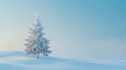 Fototapeta premium Serene winter landscape featuring a snow-covered fir tree amidst soft snowdrifts under a clear blue sky ideal for seasonal promotions and backgrounds