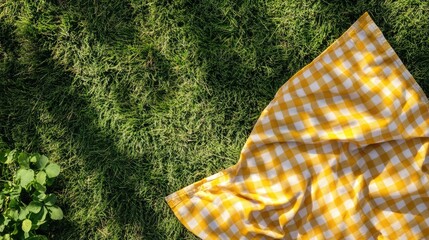 Yellow checkered picnic blanket laid on lush green grass creating a cozy outdoor ambiance for summer gatherings and meals