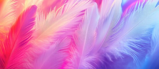 Obraz premium Vibrant Carnival Theme Background Featuring Neon Light Colorful Feathers in Shades of Pink Blue and White with Space for Text