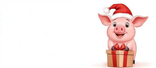 Fototapeta premium Festive cartoon pig wearing a red Christmas hat with a gift box, placed against a white background with ample space for text.