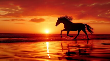 Fototapeta premium Image of a wild horse running free on the beach at sunset. The horse is black and the sun is setting behind it, casting a warm glow over the scene.