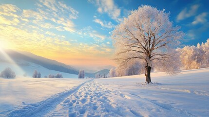 Fototapeta premium Serene winter landscape featuring frosted trees and a vibrant sky with soft clouds and a textured painting-like effect