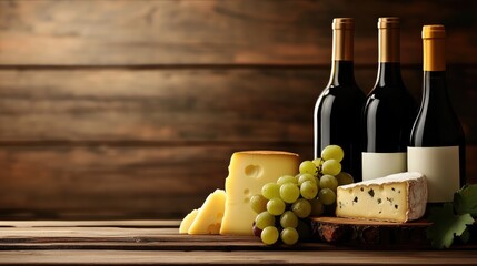 Wine bottles accompanied by cheese and fresh grapes on a rustic wooden background for culinary or tasting event promotions.