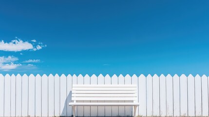 Serene White Wooden Bench with Picket Fence Against Clear Blue Sky and Soft Clouds in Sunny Outdoor Setting