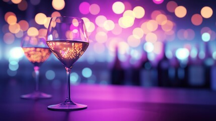 Elegant Corporate Evening Celebration with Bokeh Lights in Shades of Purple and Gold, featuring Wine Glasses on a Smooth Dark Surface