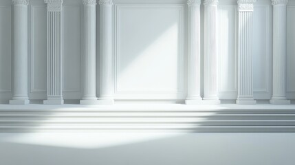 Elegant Neoclassical Conference Stage Design Featuring White Columns and Soft Light Highlighting the Empty Copyspace Ideal for Corporate Financial Events