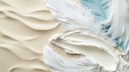 Cosmetic cream spread with white feathers arranged on textured sandy background in soft pastel colors.