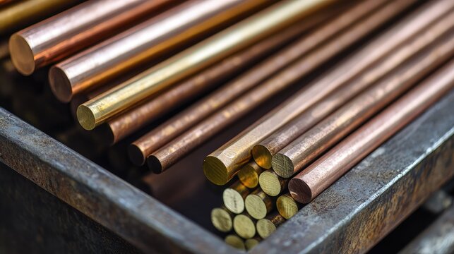 Copper and brass rods of various lengths arranged neatly in a toolbox showcasing craftsmanship and metalworking materials for industrial use