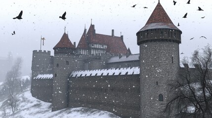 Fototapeta premium Majestic Stone Castle Winter Snow Birds Flying