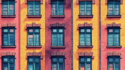 Fototapeta premium Vibrant facade of a building displaying a harmonious arrangement of colorful windows and brick patterns