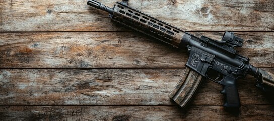 Rifle on wood, top view, rustic background, weapon image